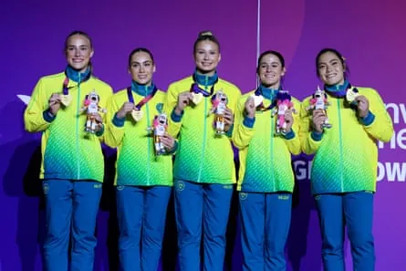 Australian gymnasts and gold medalists Georgia Godwin, Kate McDonald, Ruby Pass, Breanna Scott and Emily Whitehead.