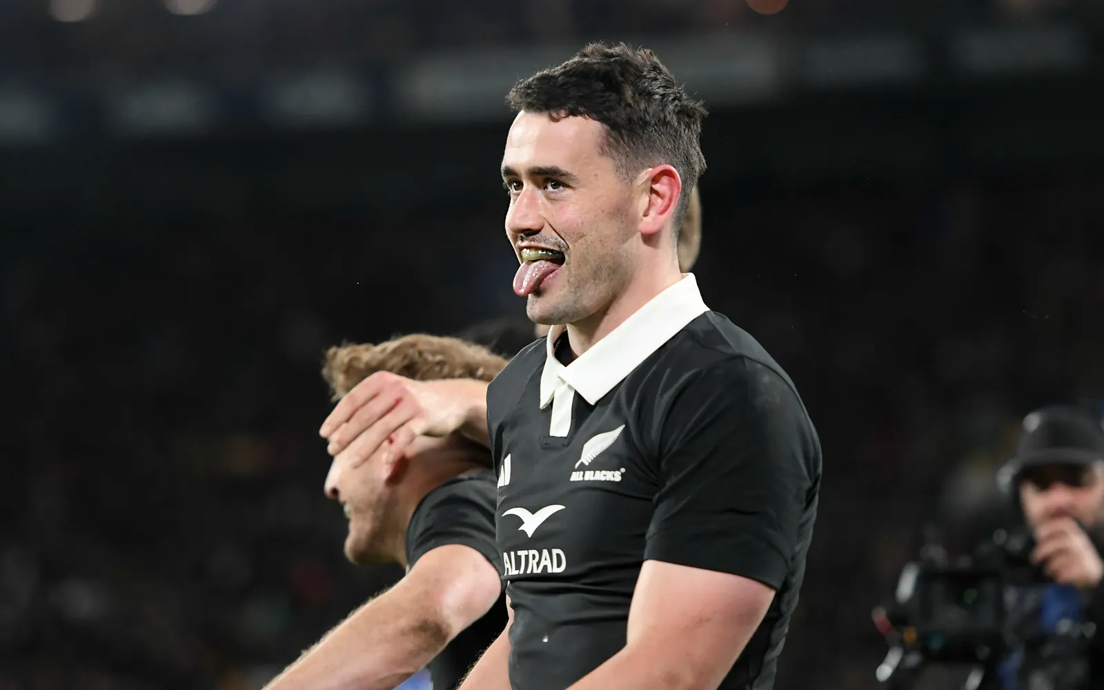 Will Jordan of the All Blacks celebrates becoming the All Blacks all-time leading try scorer.