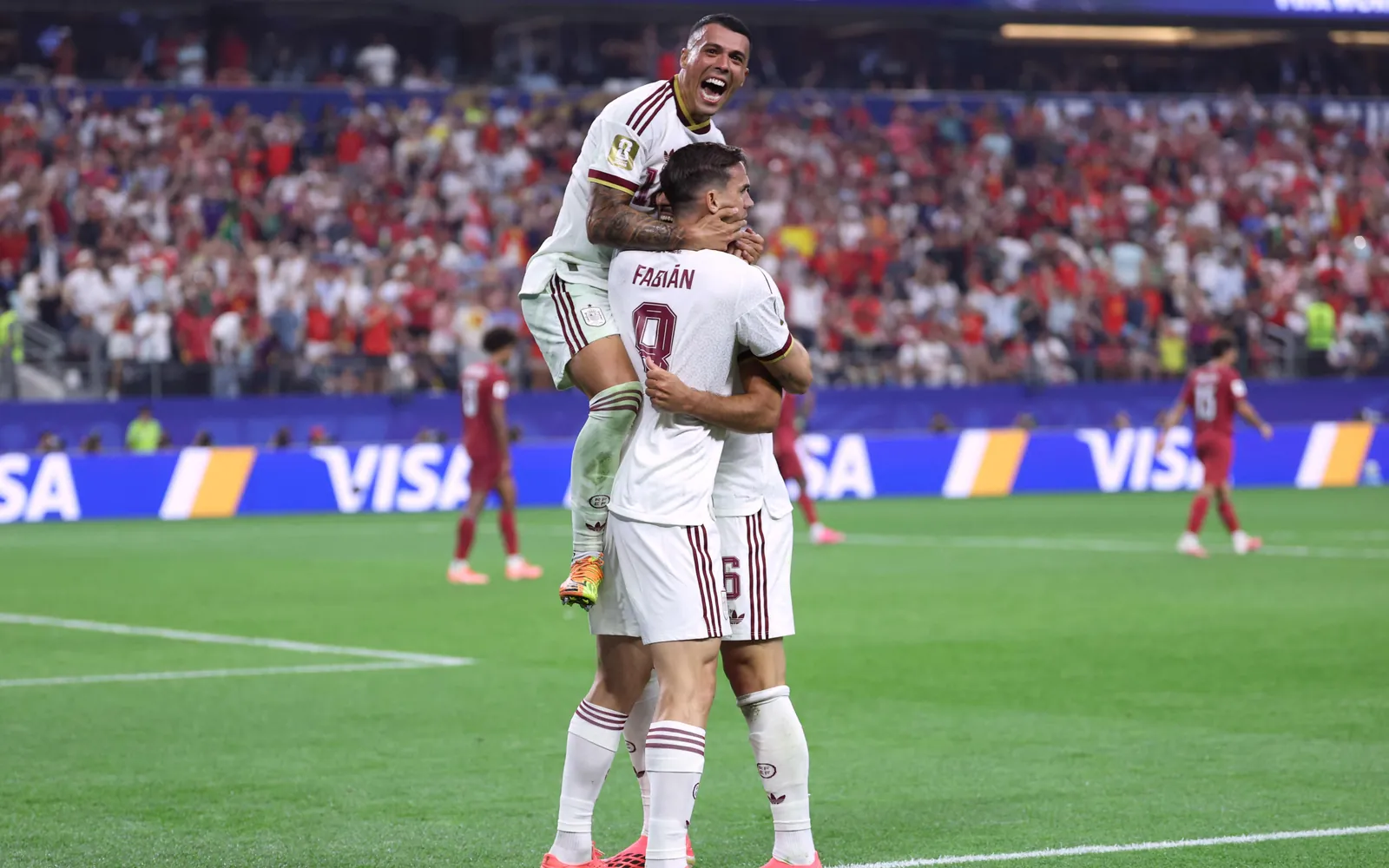 Spain's midfielder #06 Mikel Merino (R) celebrates scoring his team's first goal with teammates during the 2026 World Cup round of 16 football match between Portugal and Spain at the Dallas Stadium in Arlington on July 6, 2026. (Photo by Thomas COEX / AFP)