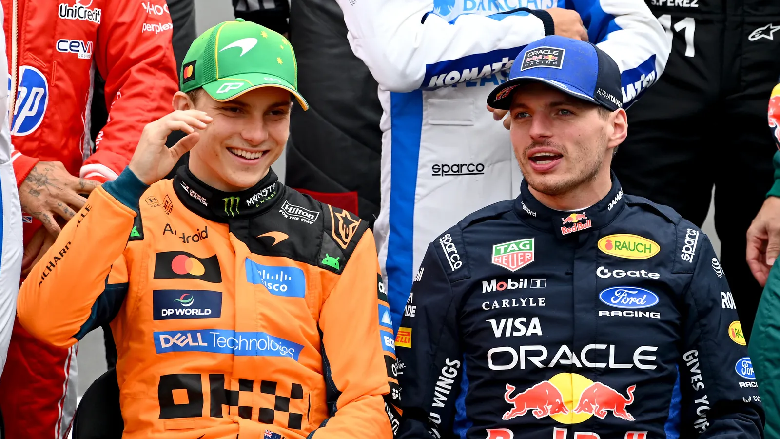 MELBOURNE, AUSTRALIA - MARCH 08: Oscar Piastri of Australia and McLaren and Max Verstappen of the