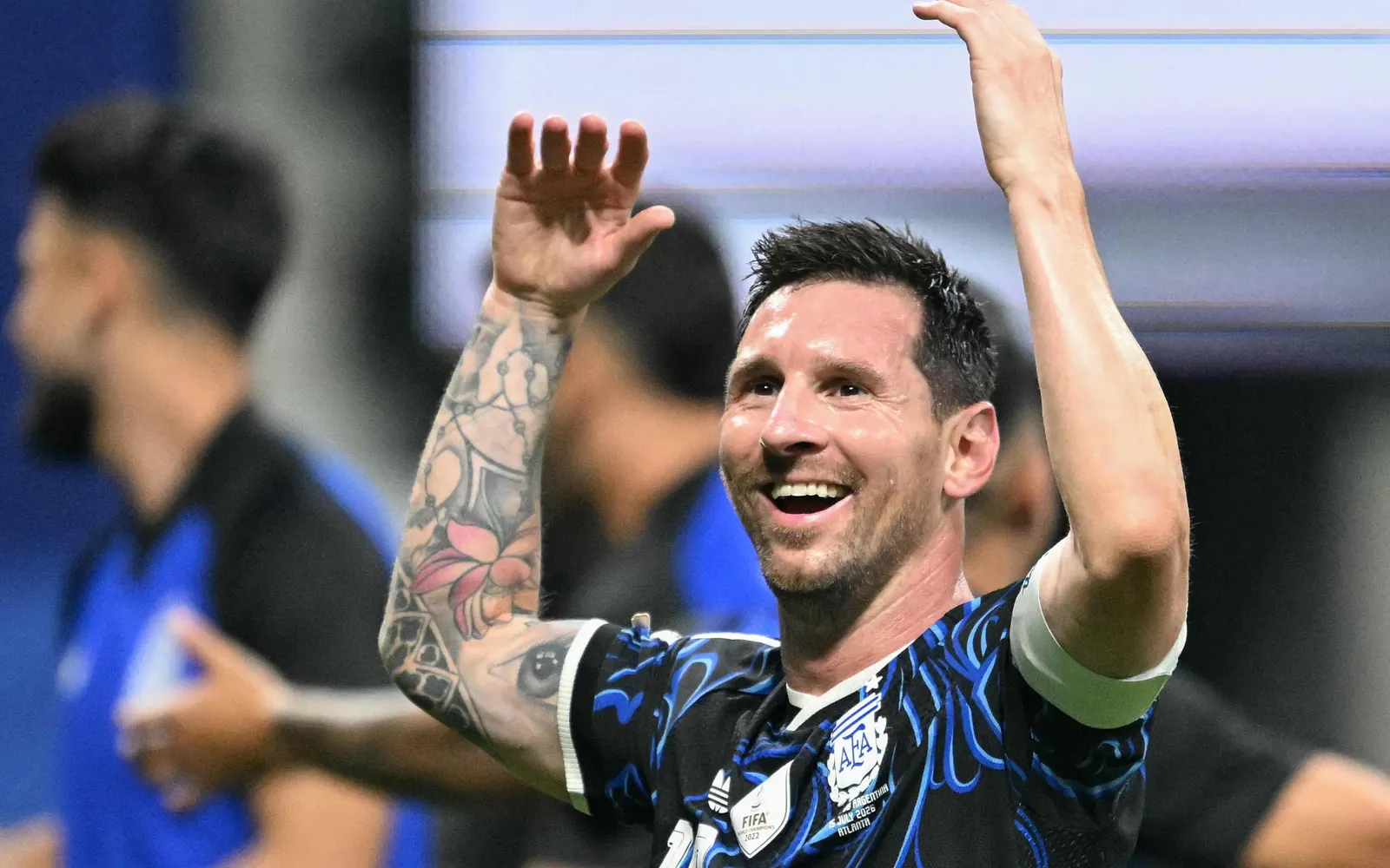Argentina's forward #10 Lionel Messi celebrates after winning the 2026 World Cup football tournament semi-final match between England and Argentina at the Atlanta Stadium in Atlanta on July 15, 2026. (Photo by ROBERTO SCHMIDT / AFP)